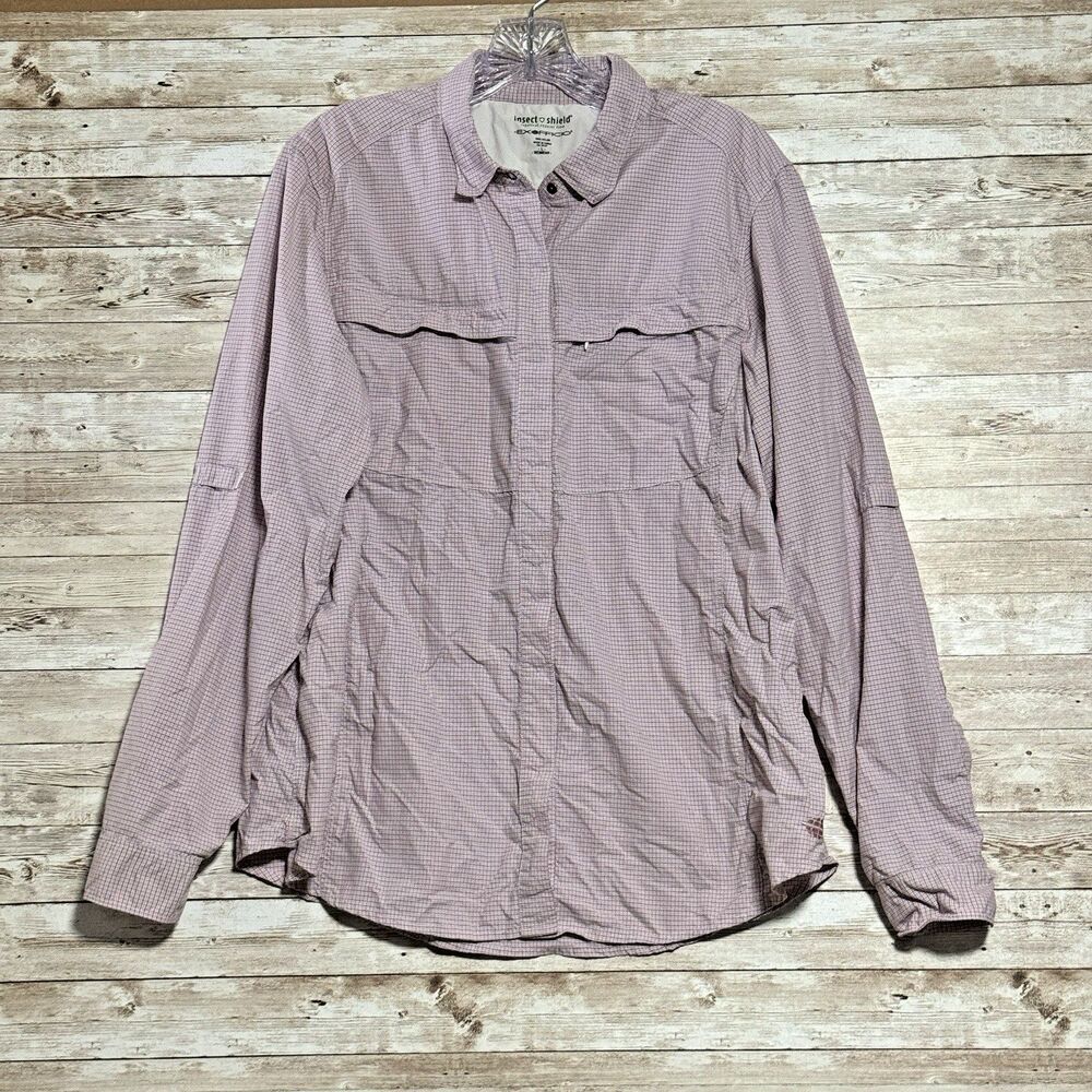 Exofficio Insect Shield Button Up Shirt Sz L pink White Checked plaid